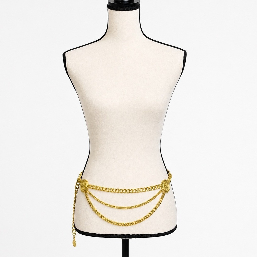 80s Gold Tone Triple Layer Chain Medallion Statement Belt 38" Adjustable Bold